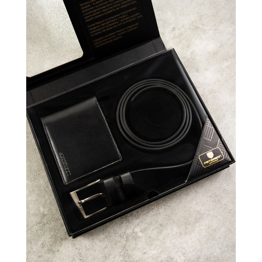 Zestaw prezentowy: skórzany portfel męski w czarnym kolorze z systemem RFID i pasek ze skóry ekologicznej - Peterson
