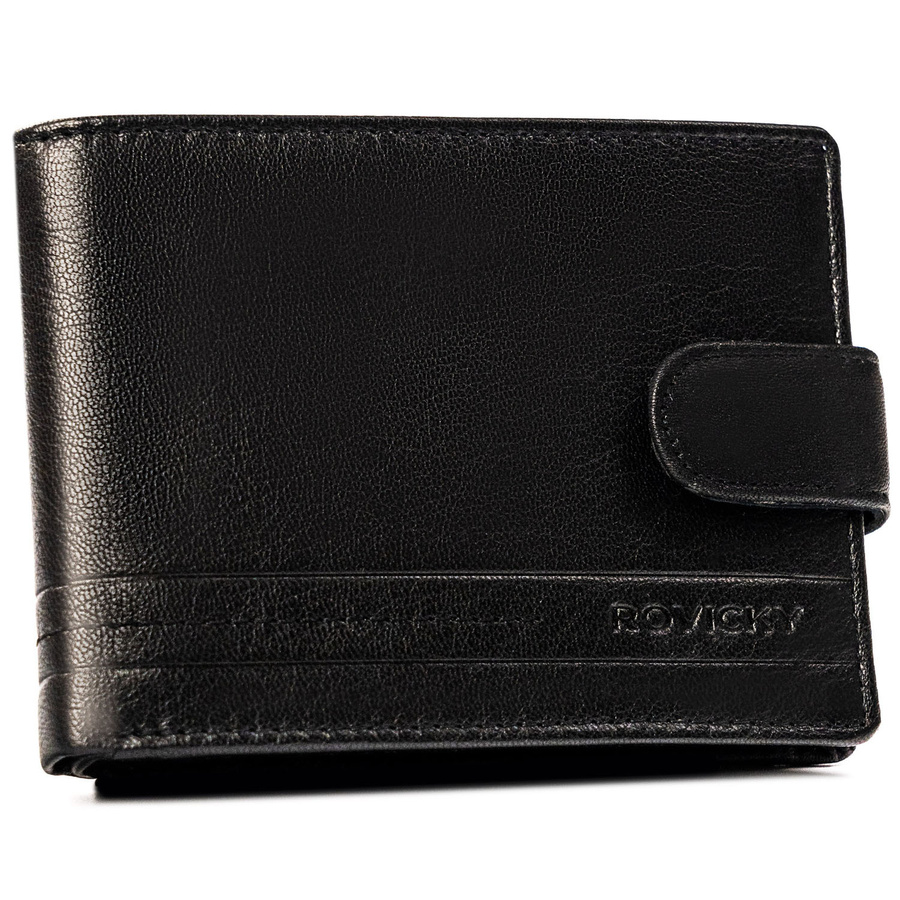 Duży, skórzany portfel męski w czarnym kolorze wyposażony w system RFID, zamykany zatrzaskiem - Rovicky
