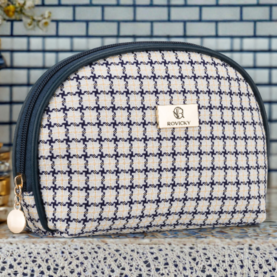 Beżowo-granatowa kosmetyczka damska w kratę zamykana suwakiem - Rovicky