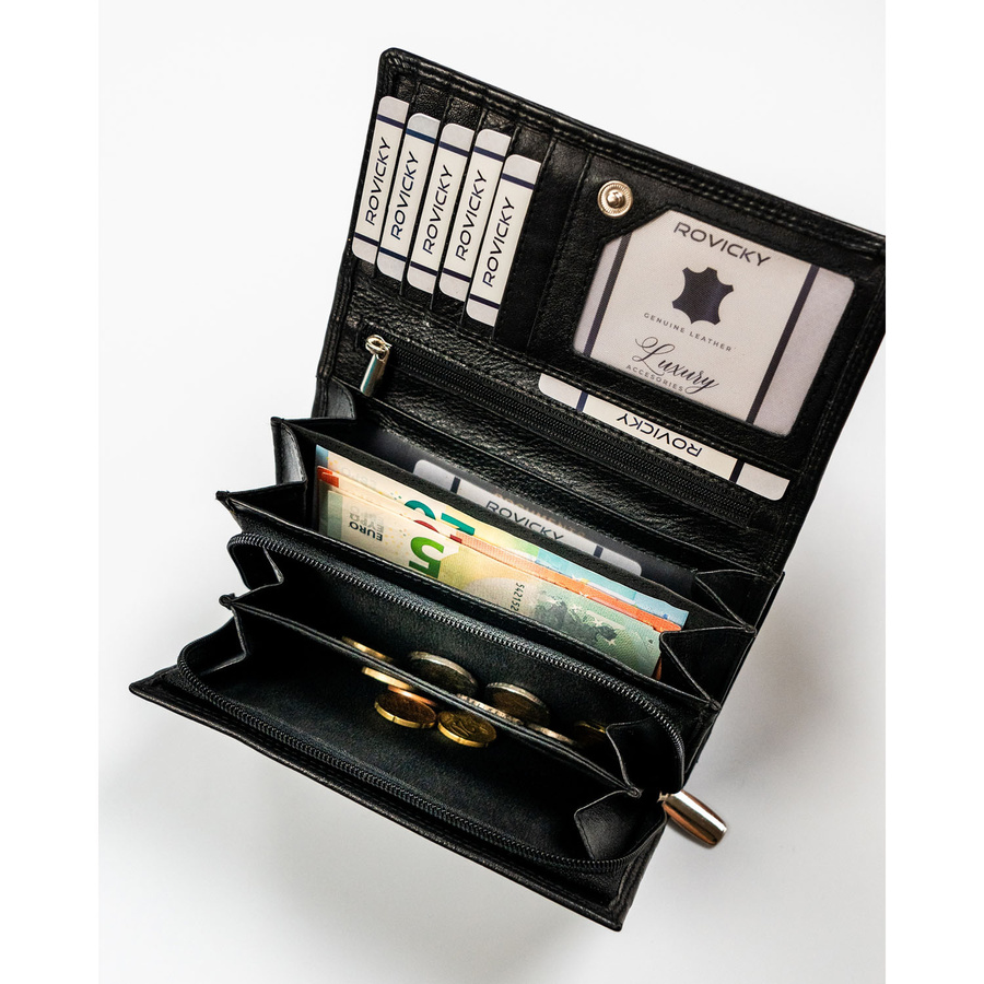 Czarny, skórzany portfel damski z systemem RFID - Rovicky