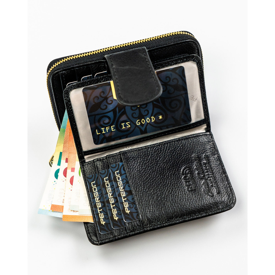 Portfel w orientacji pionowej wykonany ze skóry naturalnej i ekologicznej w czarnym kolorze - Peterson