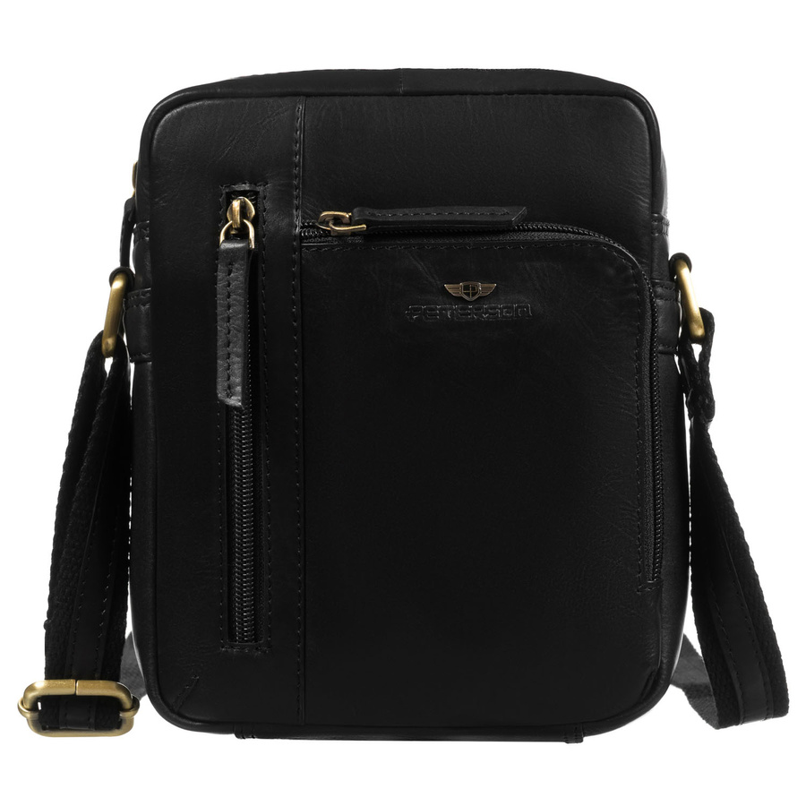 Elegancka, czarna listonoszka męska ze skóry naturalnej z zewnętrzną kieszonką na suwak - Peterson