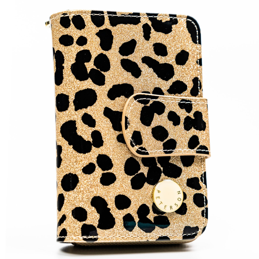 Złoty, pionowy portfel damski ze skóry ekologicznej i naturalnej w cętki - Peterson