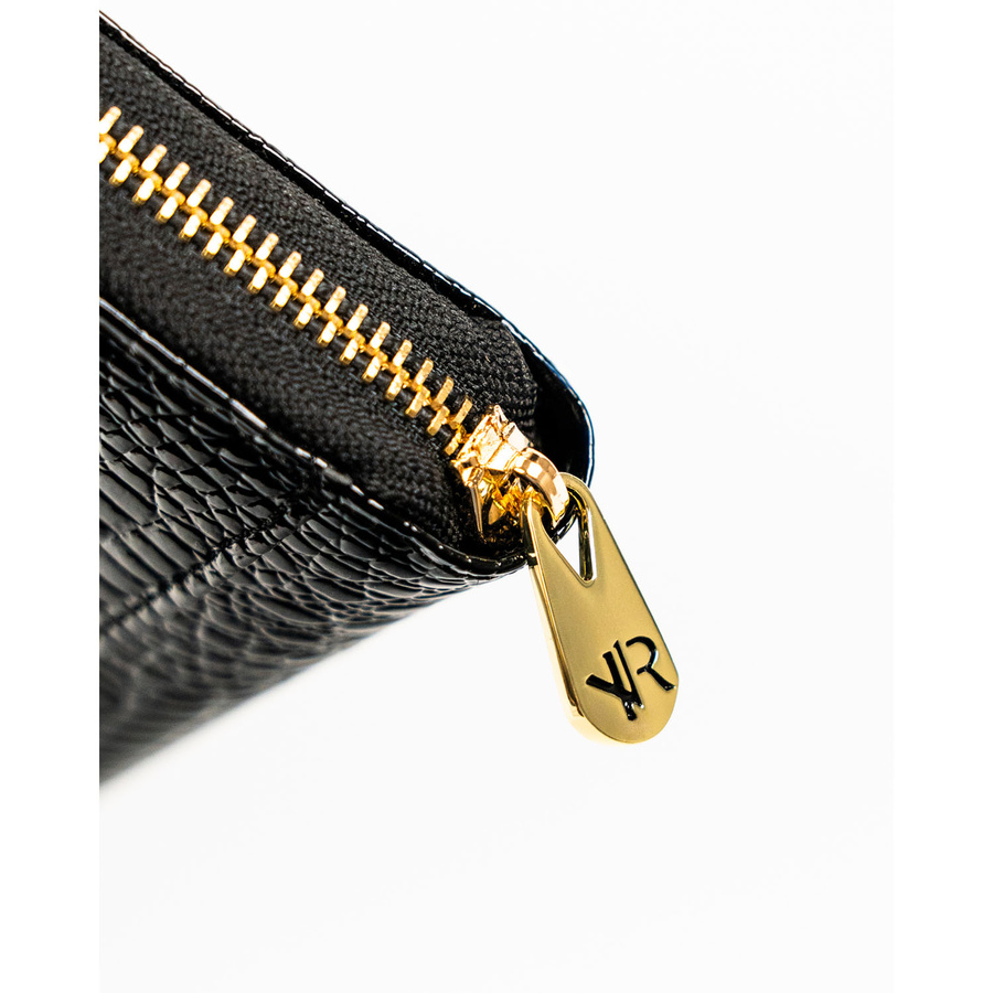 Lakierowany portfel w typie piórnika ze skóry naturalnej w czarnym kolorze zamykany na suwak - Rovicky