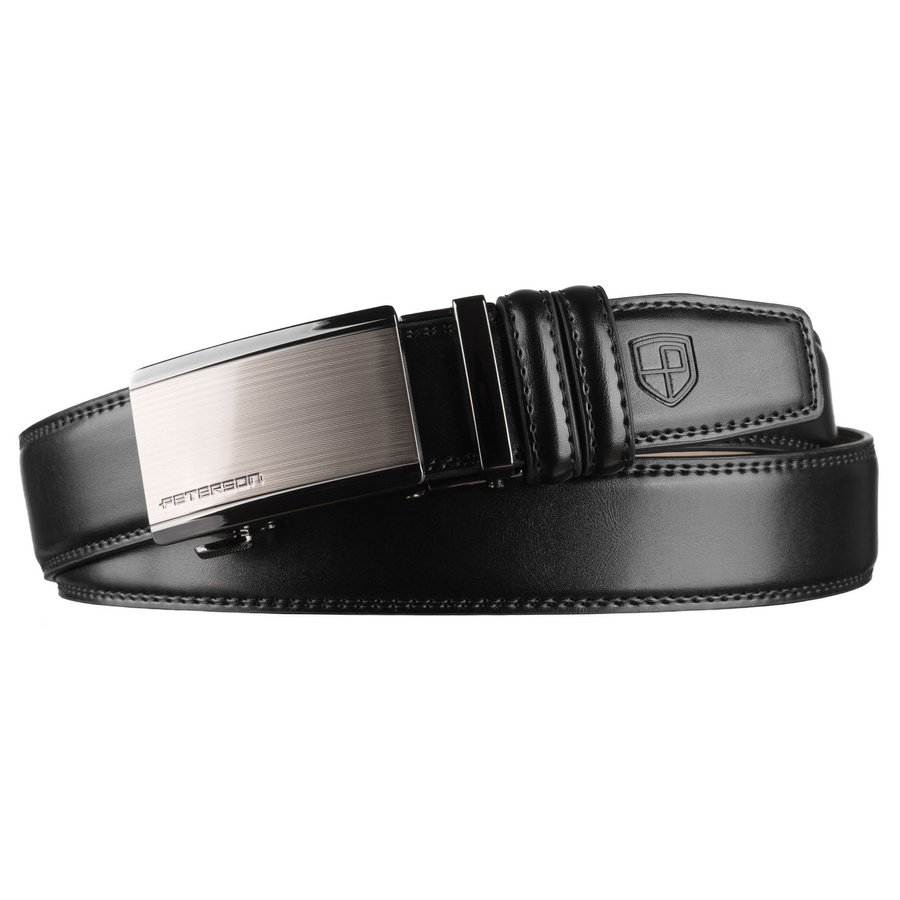 Czarny pasek męski z automatyczną klamrą wykonany ze skóry naturalnej - Peterson