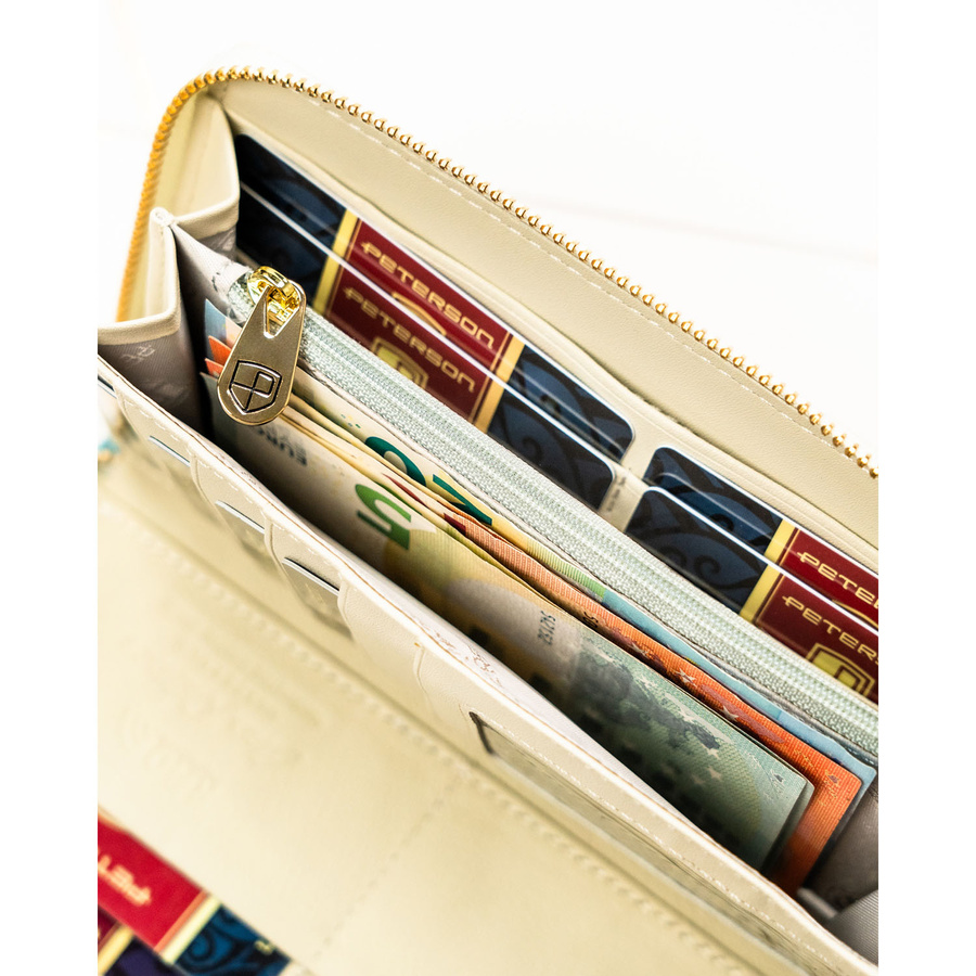 Portfel-piórnik damski w kwiaty wykonany ze skóry naturalnej i ekologicznej zamykany suwakiem - Peterson