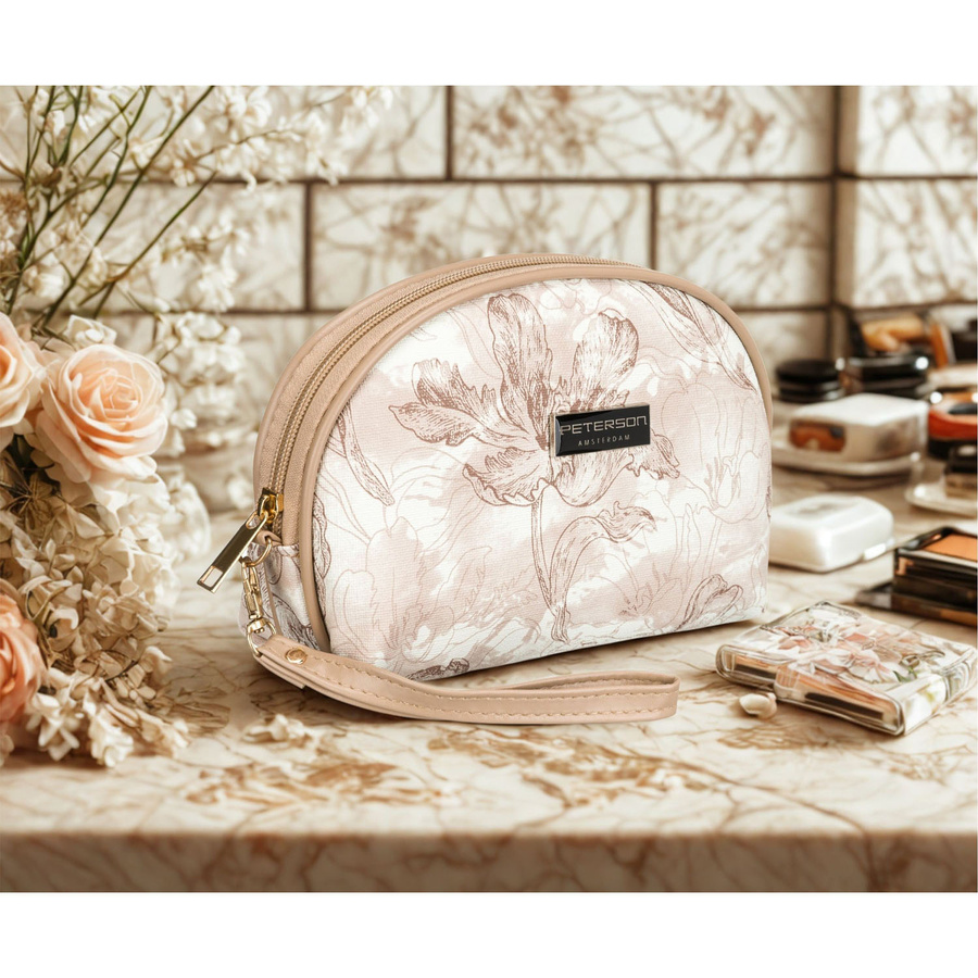 Kompaktowa, beżowa kosmetyczka damska z botanicznym printem - Peterson