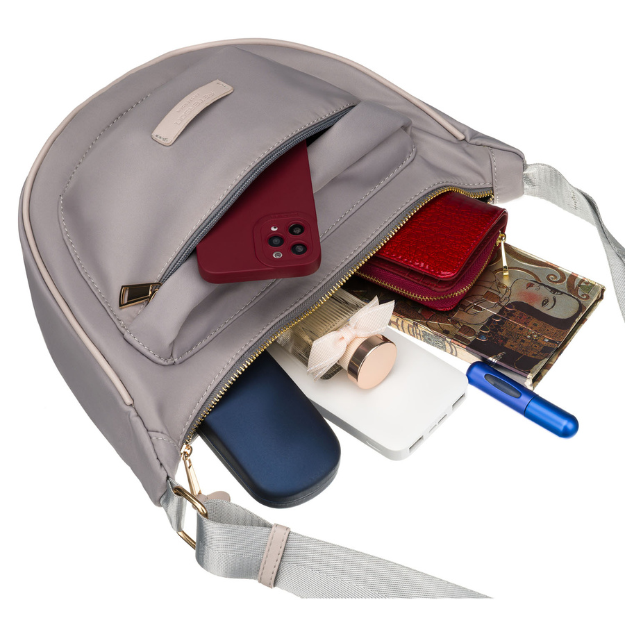 Szara torebka damska z nylonu, zawieszona na regulowanym pasku i zamykana suwakiem - Peterson