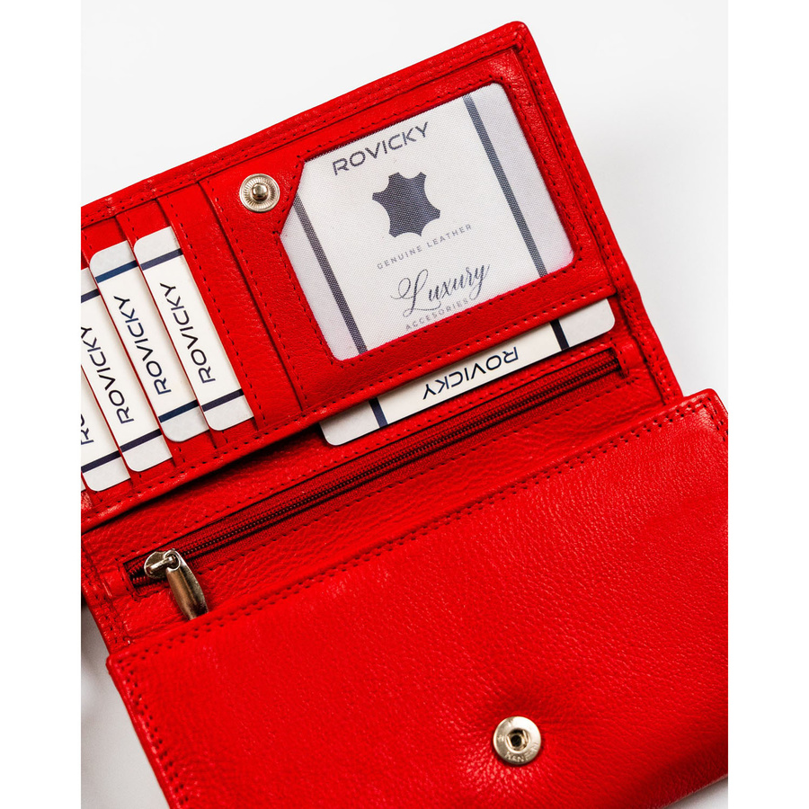 Duży skórzany portfel damski w czerwonym kolorze z wewnętrzną kieszonką na suwak - Rovicky