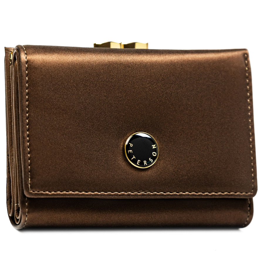Średniej wielkości portfel damski wykonany ze skóry naturalnej i ekologicznej w brązowym kolorze, zamykany na bigiel i zatrzask - Peterson