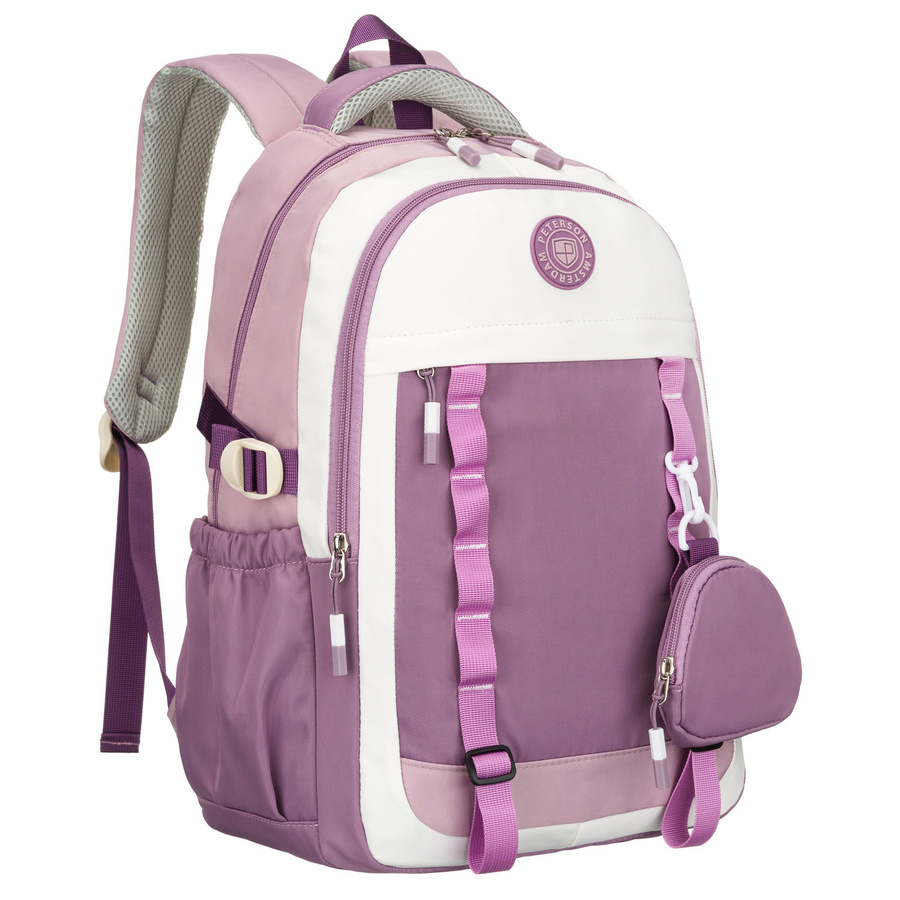 Miękki plecak szkolny z poliestru w białofioletowym kolorze, zawieszony na regulowanych szelkach - Peterson