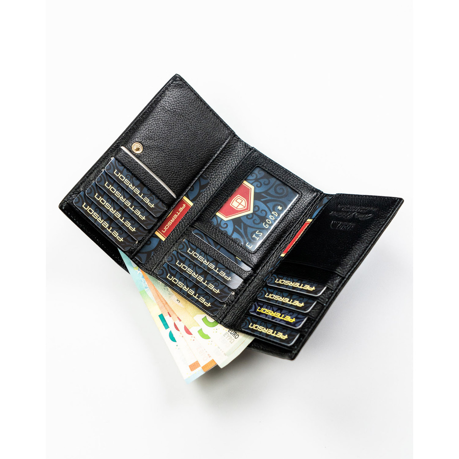 Poziomy, modny portfel damski ze skóry naturalnej i ekologicznej w czarnym kolorze - Peterson