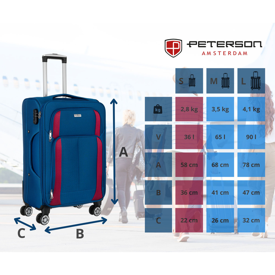 Mała walizka kabinowa z miękkiego materiału poliestrowego w niebiesko-czerwonym kolorze - Peterson