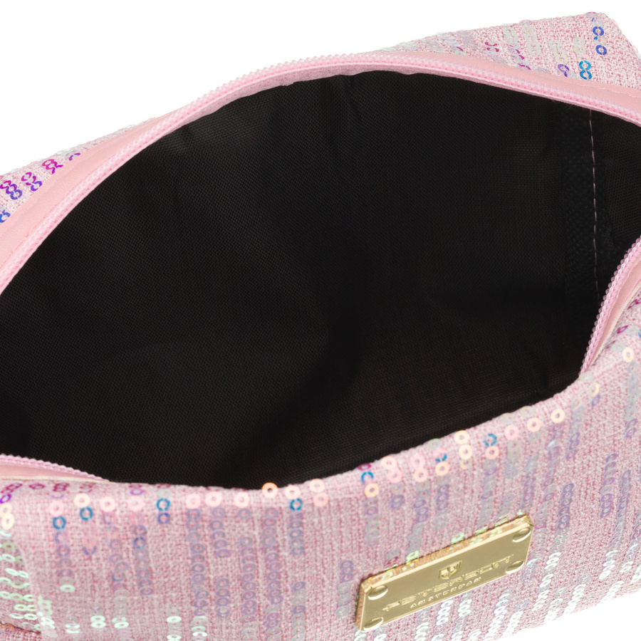 Różowa kosmetyczka z poliestru ozdobiona cekinami, jednokomorowa - Peterson