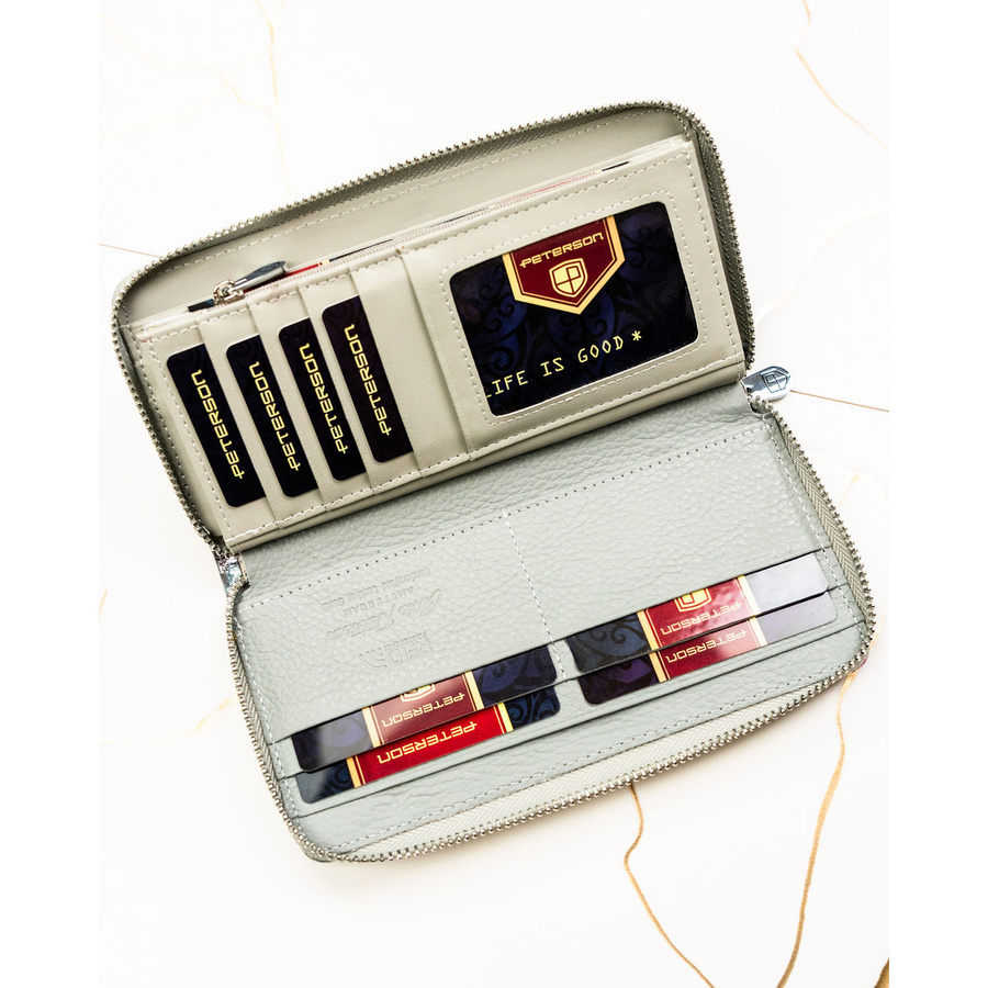 Portfel damski w typie piórnika w kolorowe kwiaty, wykonany ze skóry naturalnej i ekologicznej - Peterson