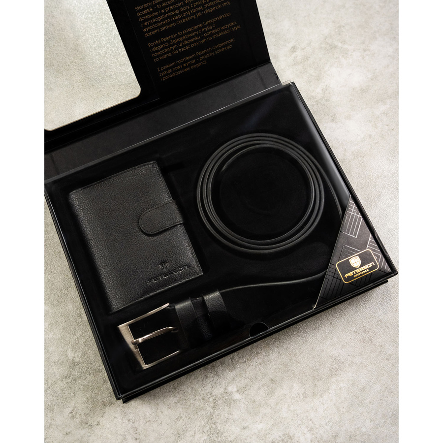 Zestaw prezentowy: skórzany, pionowy portfel męski w czarnym kolorze z systemem RFID i pasek ze skóry ekologicznej - Peterson