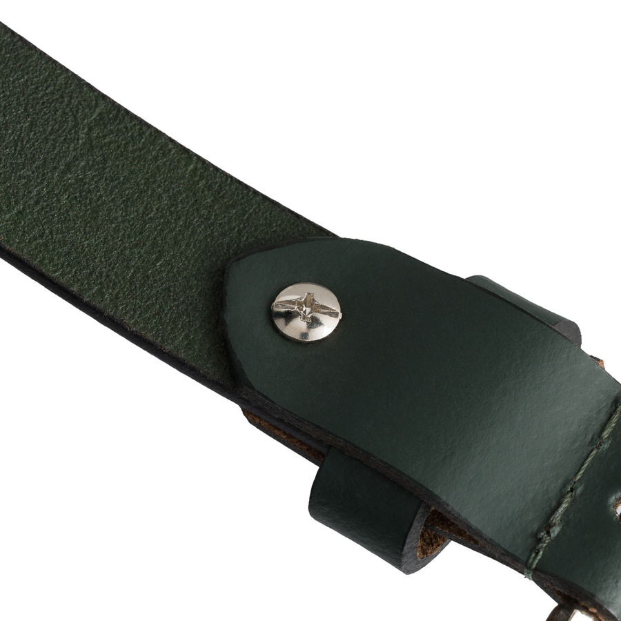 Skórzany, zielony pasek damski ze srebrną, klasyczną klamrą - Peterson
