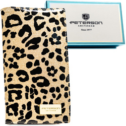 Duży, złoty, pionowy portfel damski ze skóry ekologicznej i naturalnej w cętki zamykany magnesem - Peterson