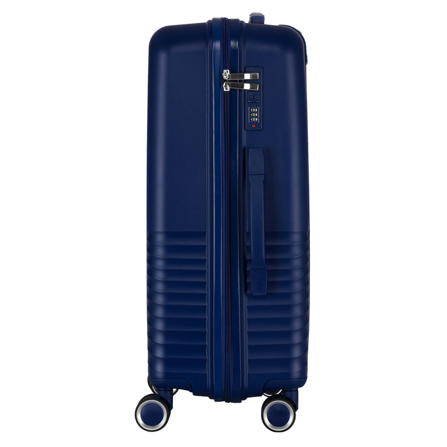 Granatowa walizka podróżna w średnim rozmiarze z teleskopowym uchwytem i kółkami obrotowymi - Peterson