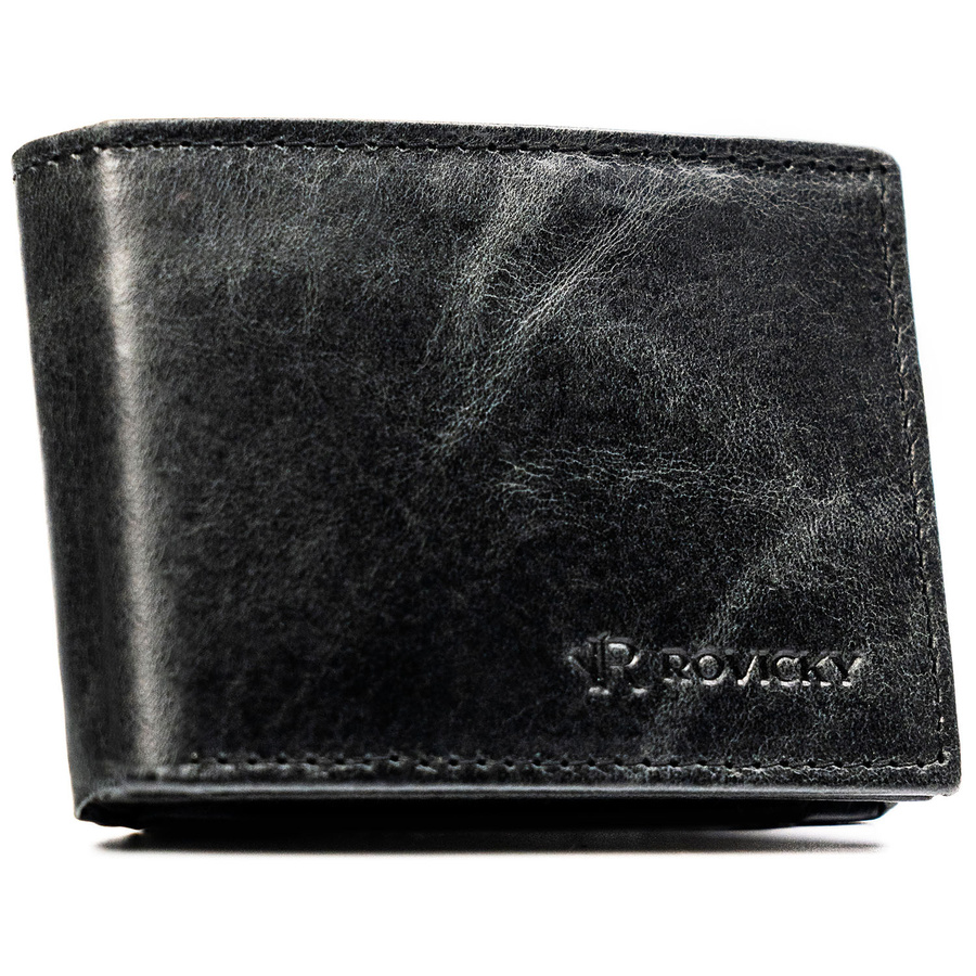 Skórzany portfel męski w czarnym kolorze bez zapięcia zewnętrznego - Rovicky
