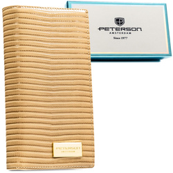 Beżowy portfel damski zamykany na magnes i suwak, zdobiony plecionką - Peterson