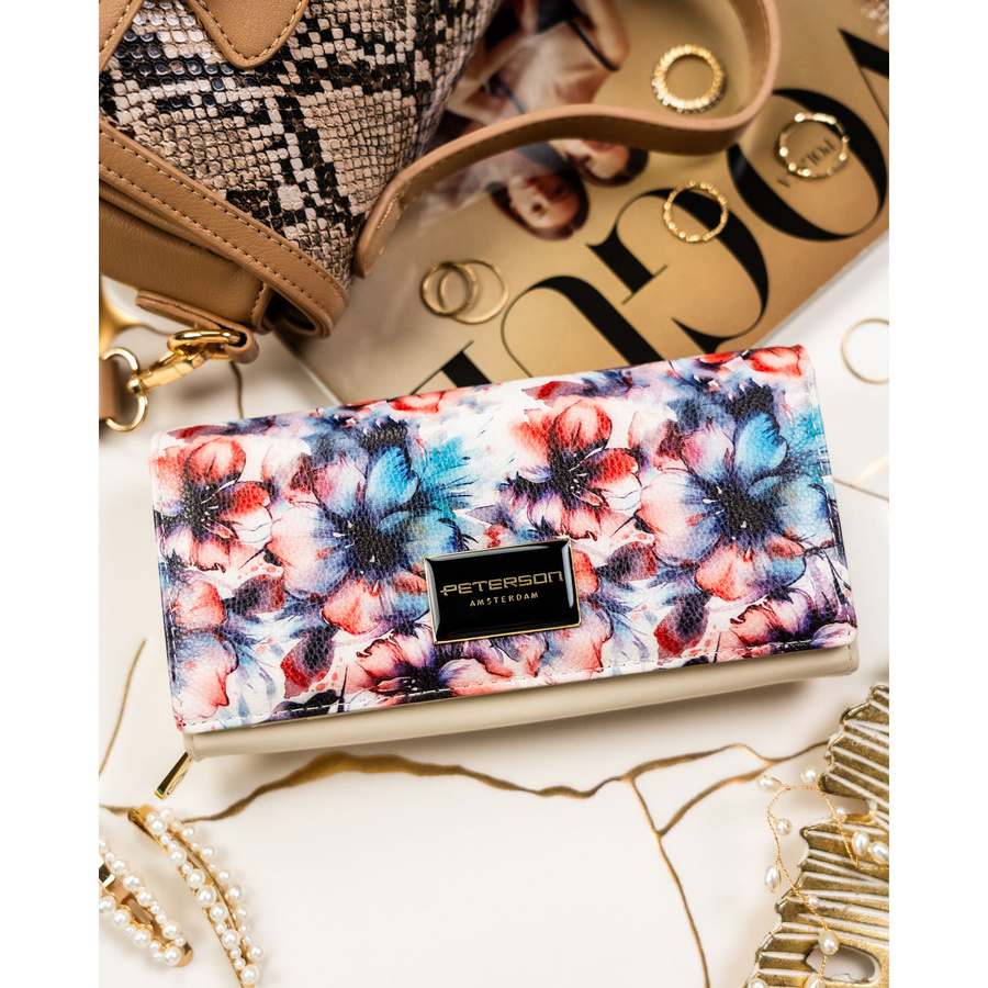 Duży portfel damski w kwiaty wykonany ze skóry naturalnej i ekologicznej, zamykany zatrzaskiem - Peterson