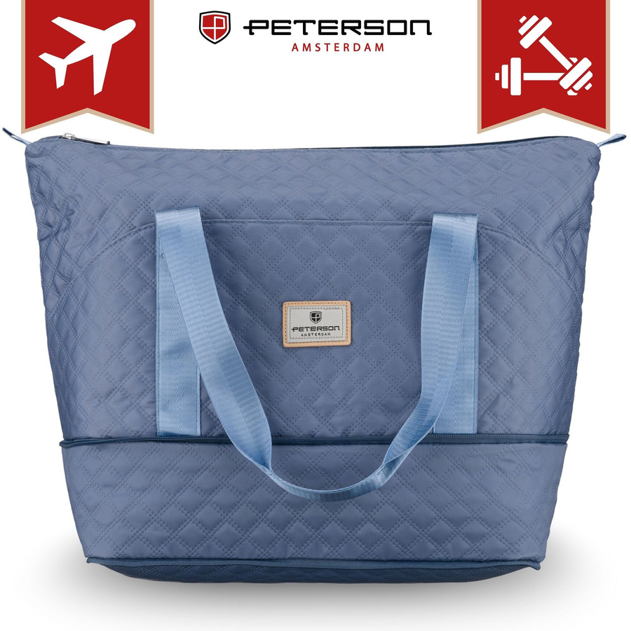Treningowa torba wykonana z poliestru w niebieskim kolorze, wyposażona w uchwyt na walizkę - Peterson