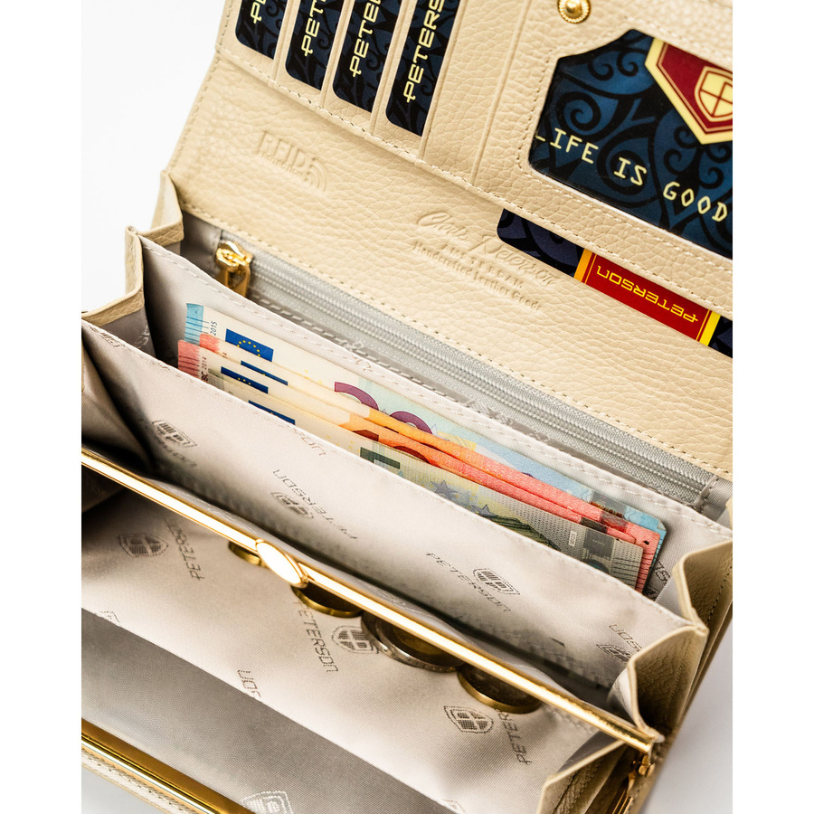 Beżowy portfel damski ze skóry naturalnej i ekologicznej w pleciony wzór - Peterson