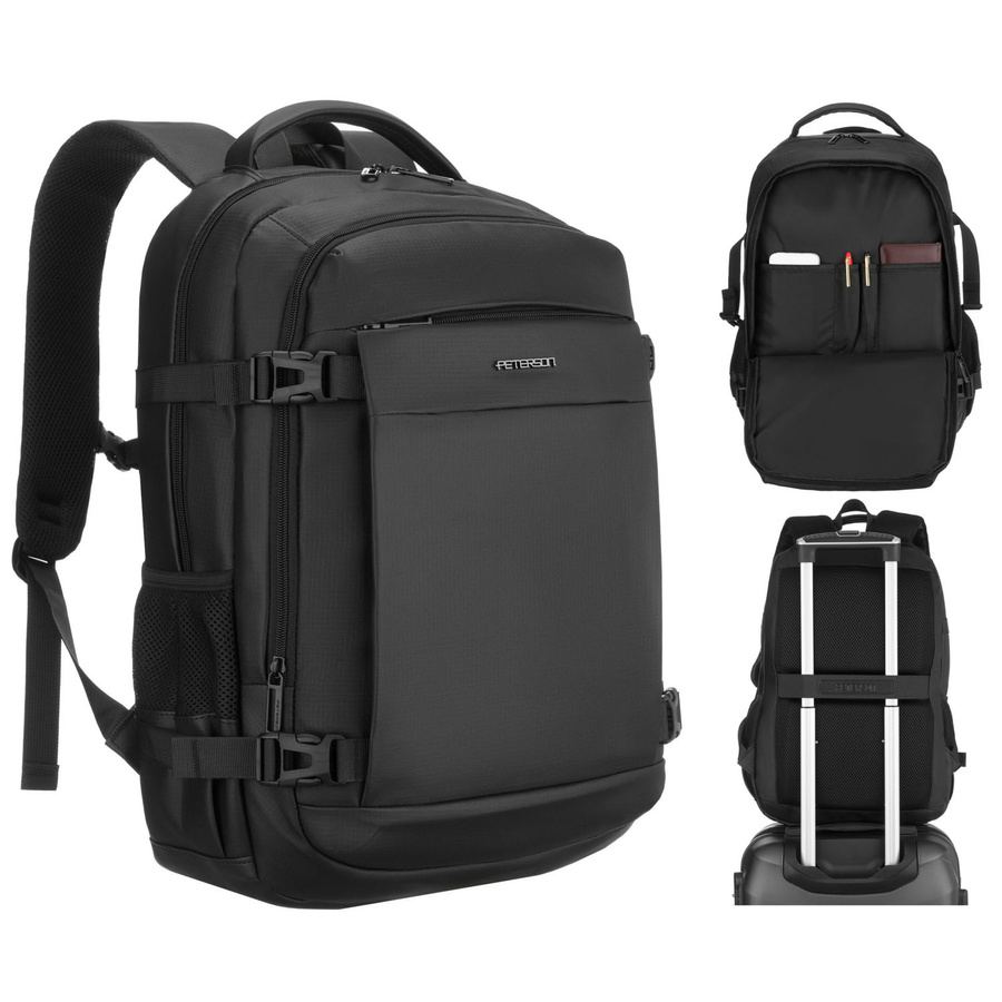 Duży plecak podróżny w czarnym kolorze z miejscem na laptopa, zamykany suwakiem - Peterson