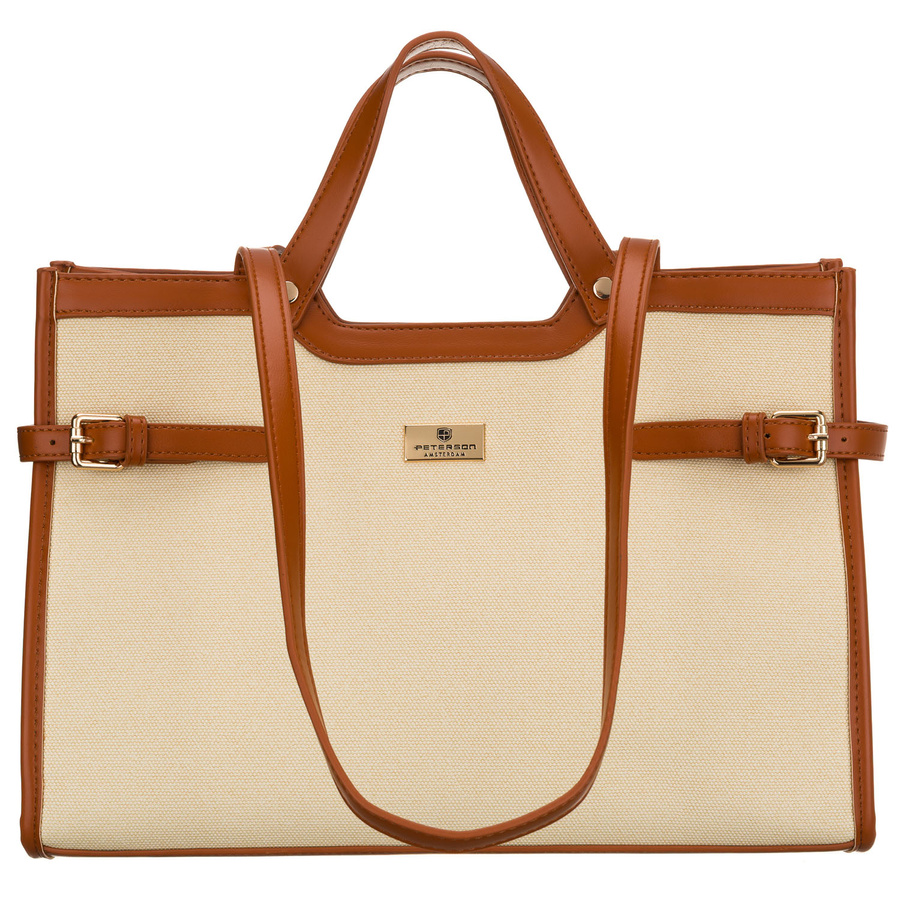 Klasyczna, duża torebka damska w kolorach brązowym i ecru - Peterson