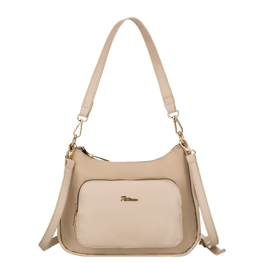 Beżowa listonoszka damska z nylonu i skóry ekologicznej zawieszona na uchwytach i dopinanym pasku - Peterson