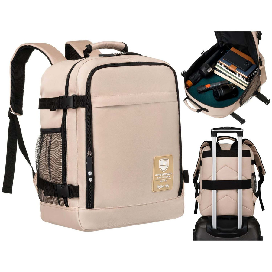 Beżowy plecak kabinowy z wodoodpornego poliestru wyposażony w uchwyt na walizkę - Peterson