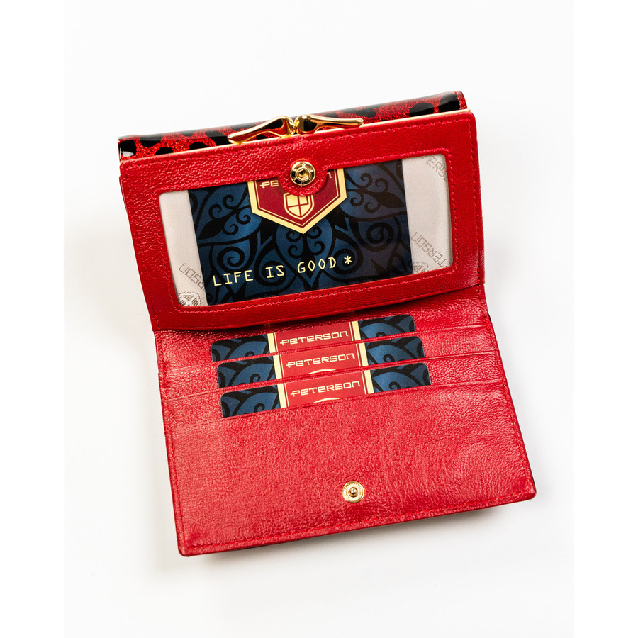 Czerwony portfel damski ze skóry ekologicznej i naturalnej w cętki, zamykany biglem i zatrzaskiem - Peterson