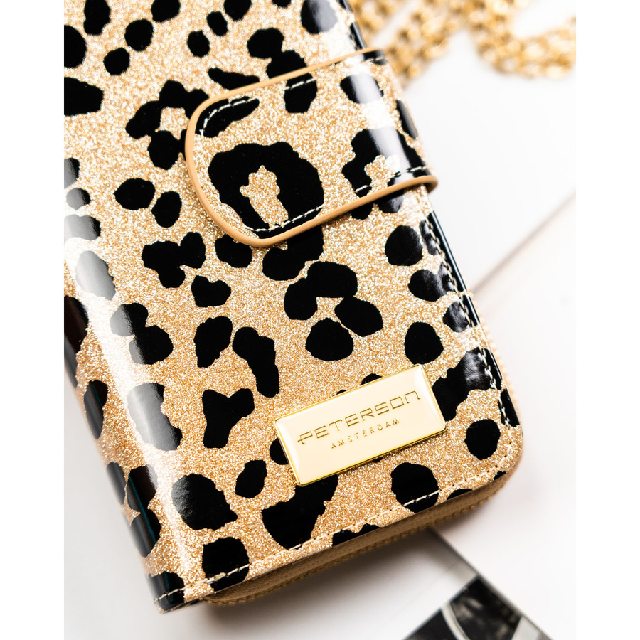 Złoty, pionowy portfel damski ze skóry ekologicznej i naturalnej w cętki, wyposażony w system RFID - Peterson