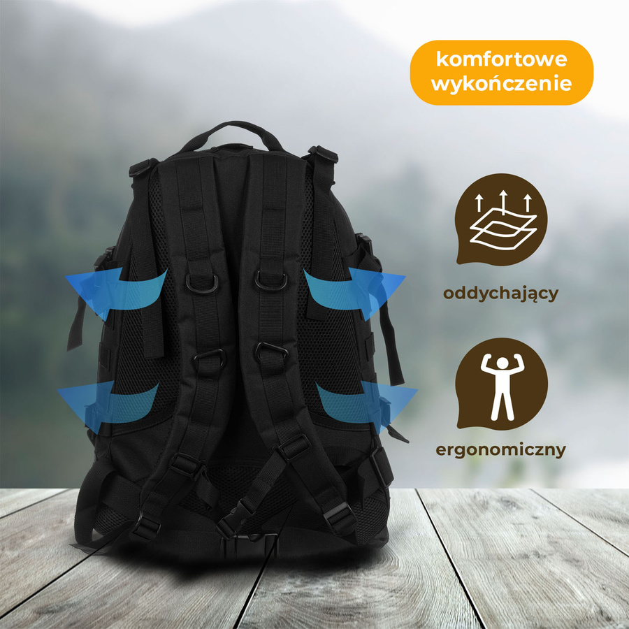 Czarny plecak militarny zawieszony na regulowanych szelkach, trzykomorowy - Peterson