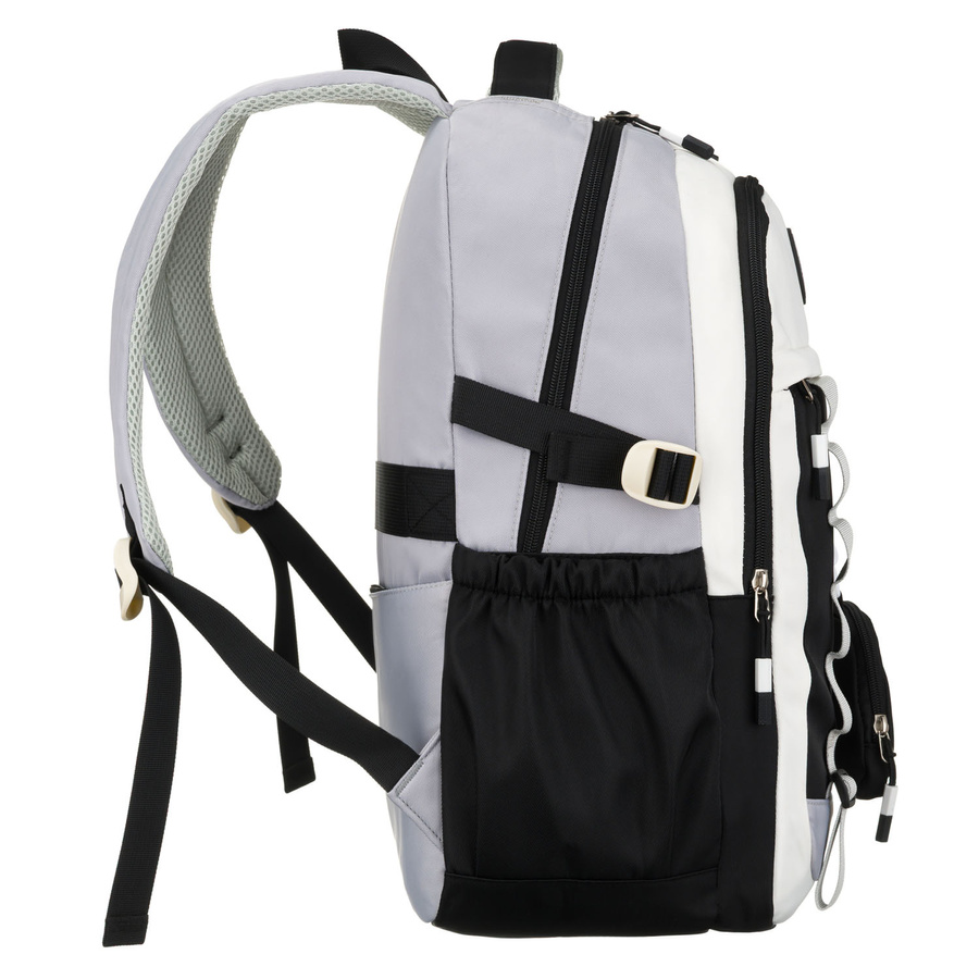 Białoczarny plecak szkolny z poliestru z poręczną dodatkową saszetką - Peterson