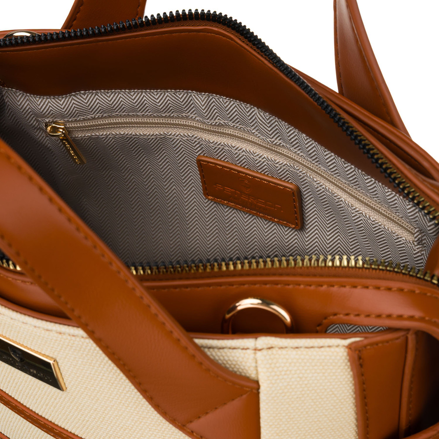 Elegancka torebka damska w kolorach ecru i brązowym wykonana z materiału syntetycznego - Peterson