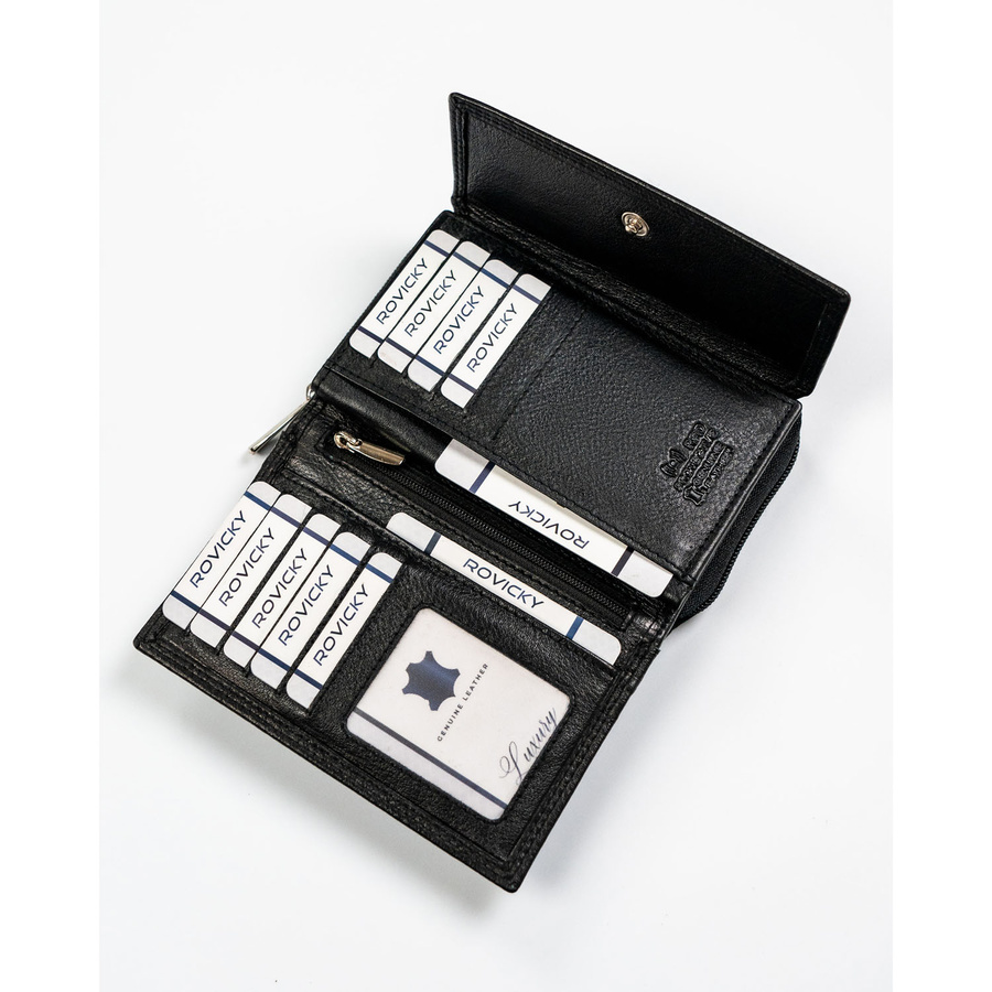 Modny, skórzany portfel damski na zatrzask w czarnym kolorze - Rovicky