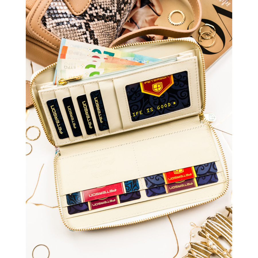 Portfel-piórnik damski w kwiaty wykonany ze skóry naturalnej i ekologicznej zamykany suwakiem - Peterson