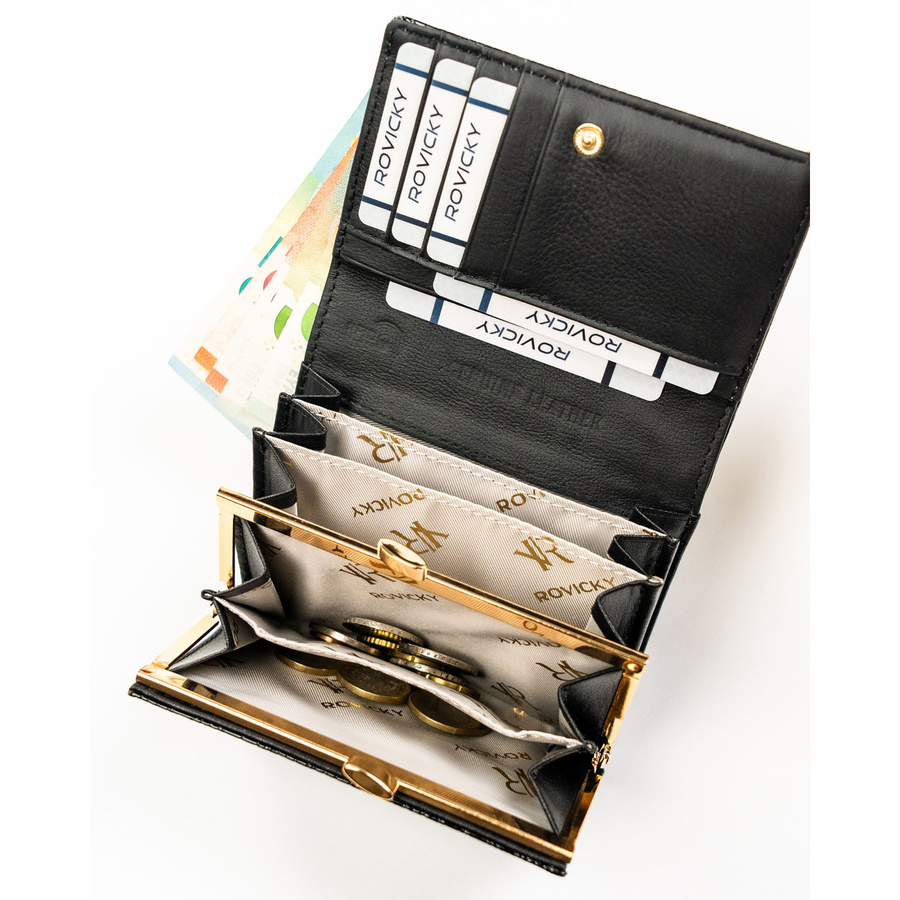 Średni, czarny portfel damski ze skóry naturalnej zamykany zatrzaskiem - Rovicky