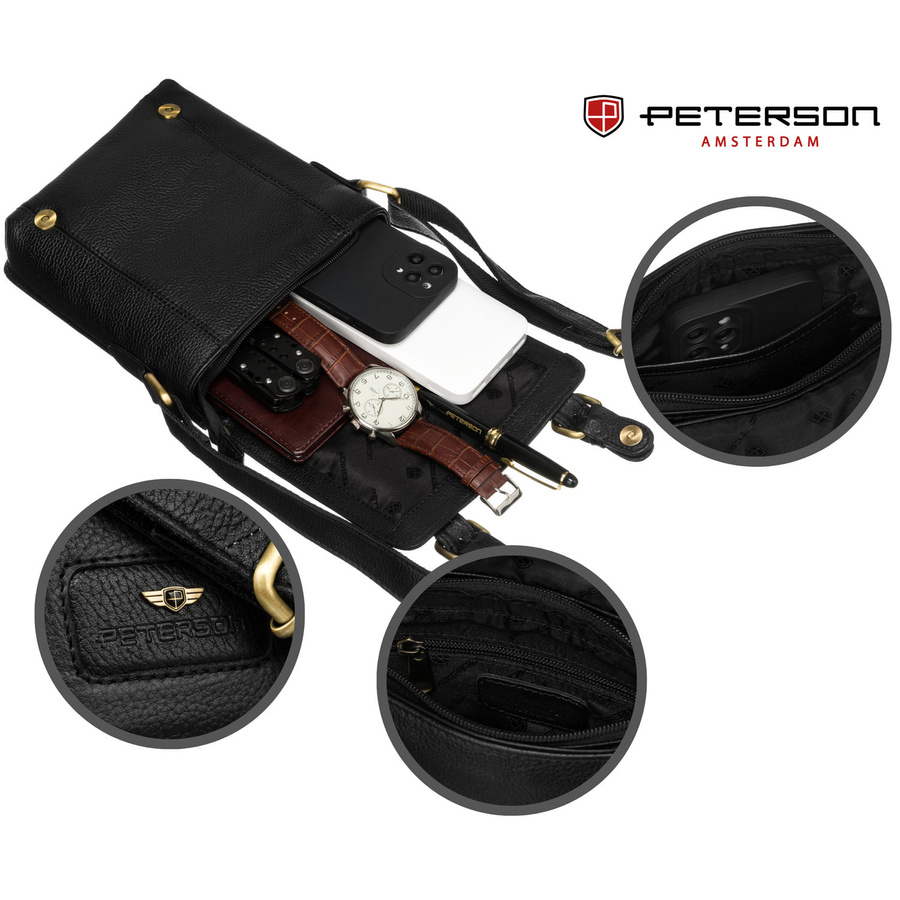 Czarna listonoszka męska ze skóry naturalnej zamykana suwakiem i zatrzaskami - Peterson