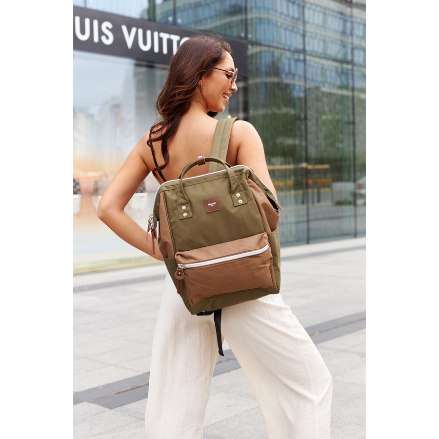 Zielono-brązowy, wodoodporny plecak na laptopa z portem USB - Himawari