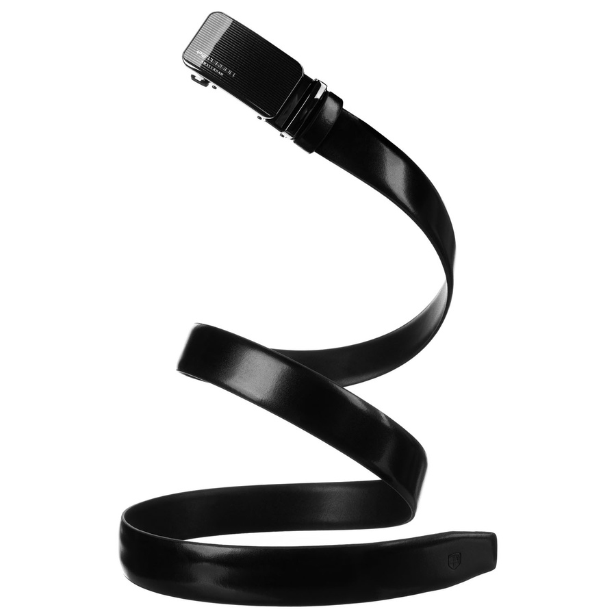 Skórzany pasek męski w czarnym kolorze z automatyczną, srebrną klamrą - Peterson