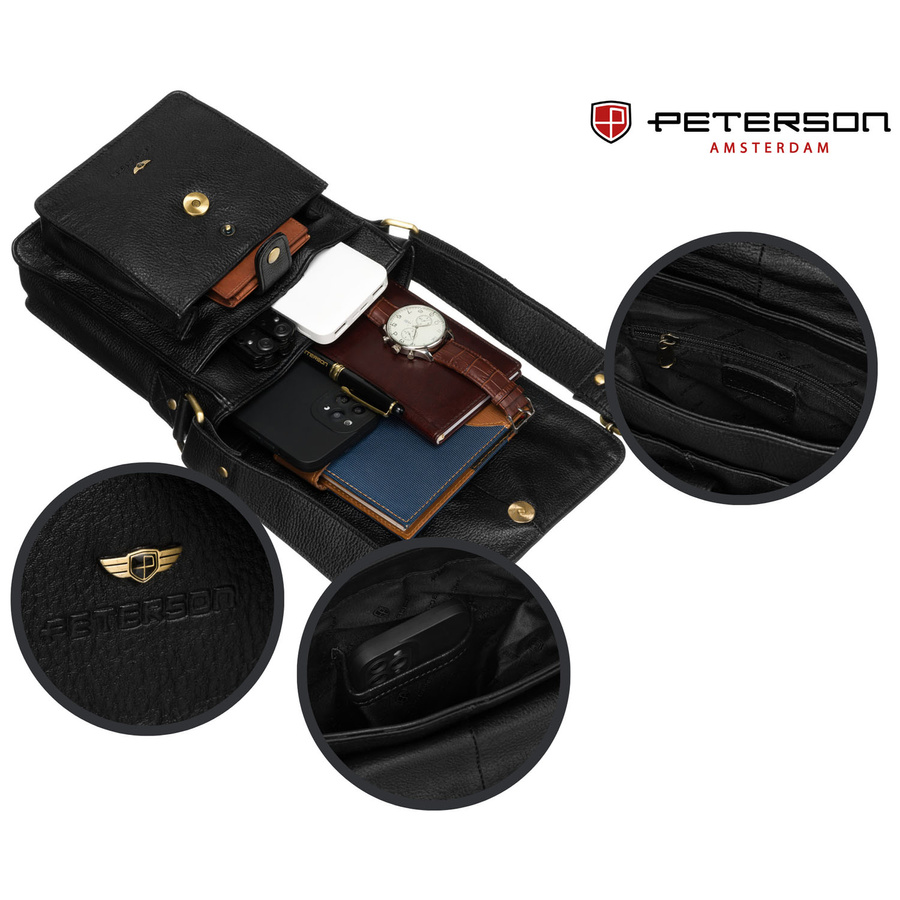 Skórzana, czarna listonoszka męska z klapką, zawieszona na regulowanym pasku - Peterson