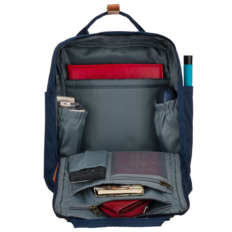 Granatowo-brązowy plecak damski z poliestru i skóry ekologicznej, zamykany suwakiem - Peterson