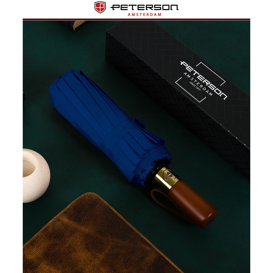 Niebieski, duży, elegancki i składany parasol w pokrowcu - Peterson