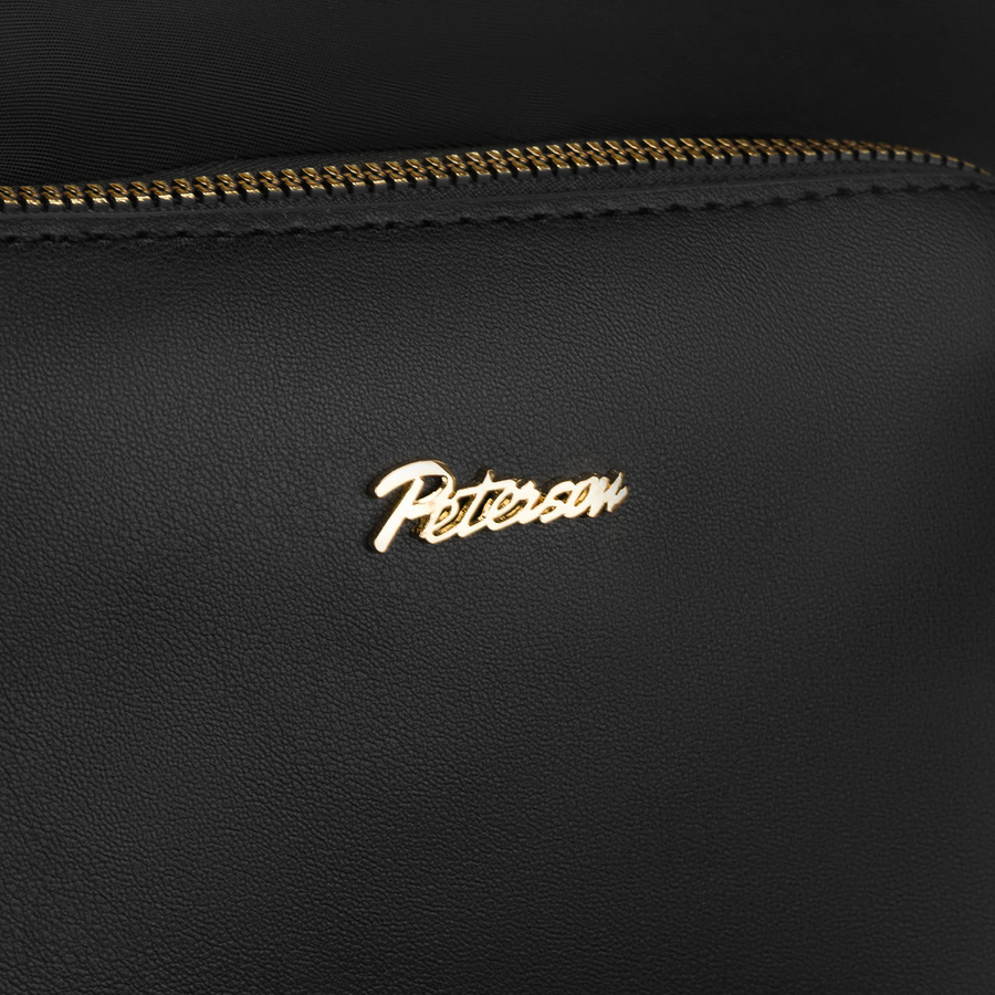 Czarna listonoszka damska z nylonu i skóry ekologicznej zawieszona na uchwytach i dopinanym pasku - Peterson
