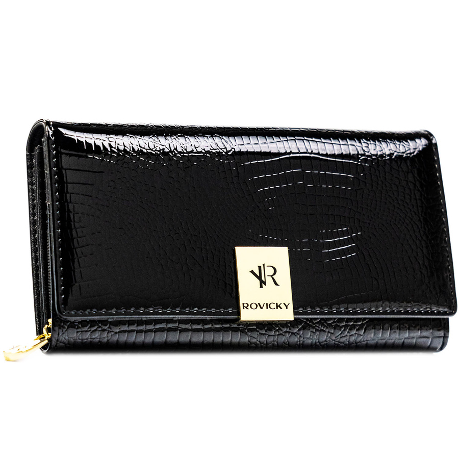 Duży, czarny, lakierowany portfel damski ze skóry naturalnej zamykany na zatrzask - Rovicky