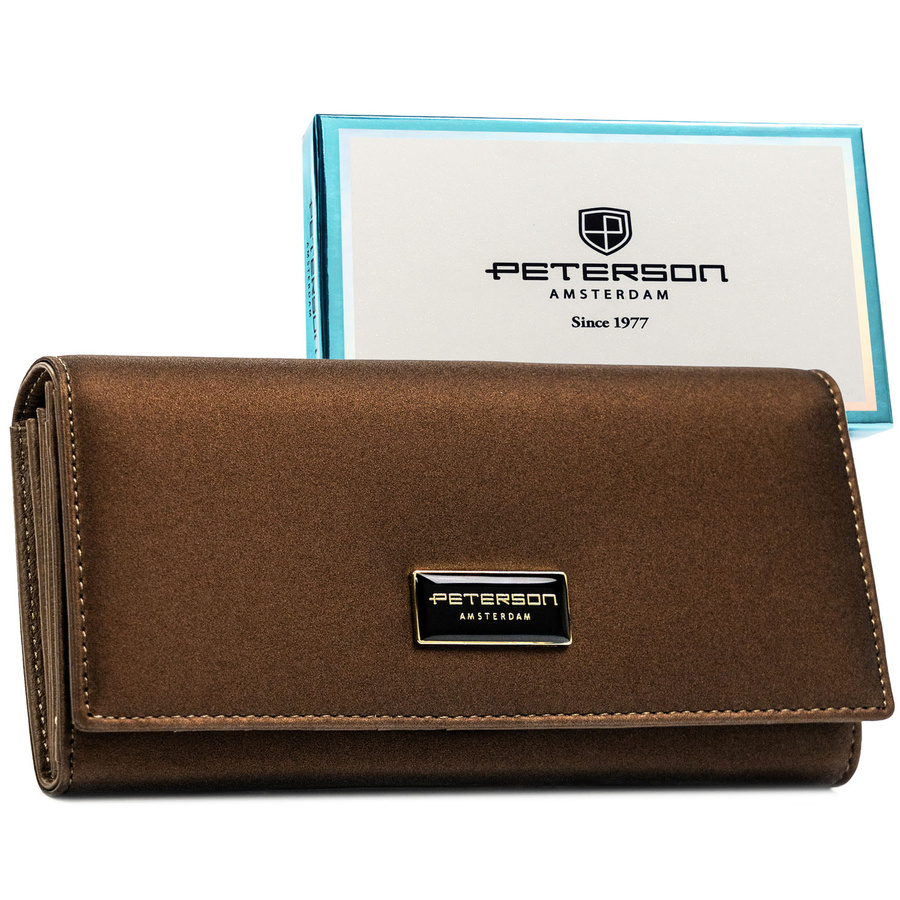 Portfel damski ze skóry naturalnej i ekologicznej w brązowym kolorze, wyposażony w system RFID - Peterson
