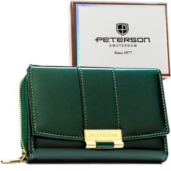 Poziomy portfel damski z lakierowanej skóry ekologicznej w zielonym kolorze, wyposażony w system RFID - Peterson